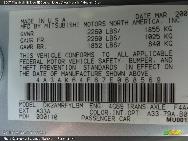 Liquid Silver Metallic / Medium Gray 2007 Mitsubishi Eclipse SE Coupe