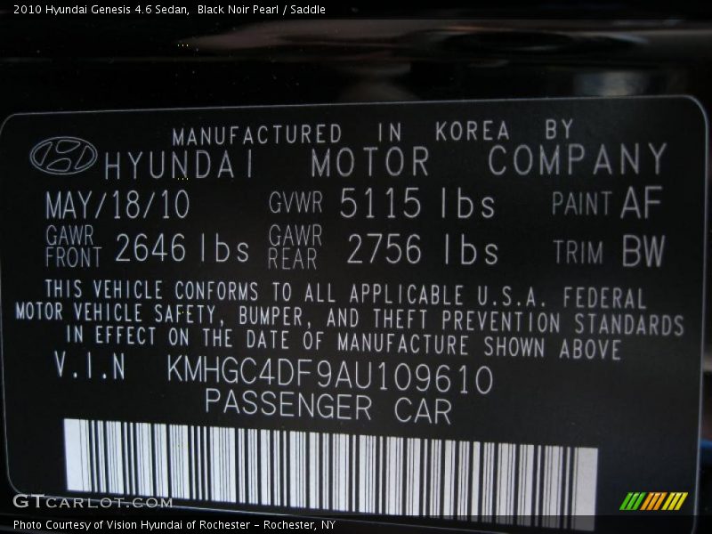Black Noir Pearl / Saddle 2010 Hyundai Genesis 4.6 Sedan