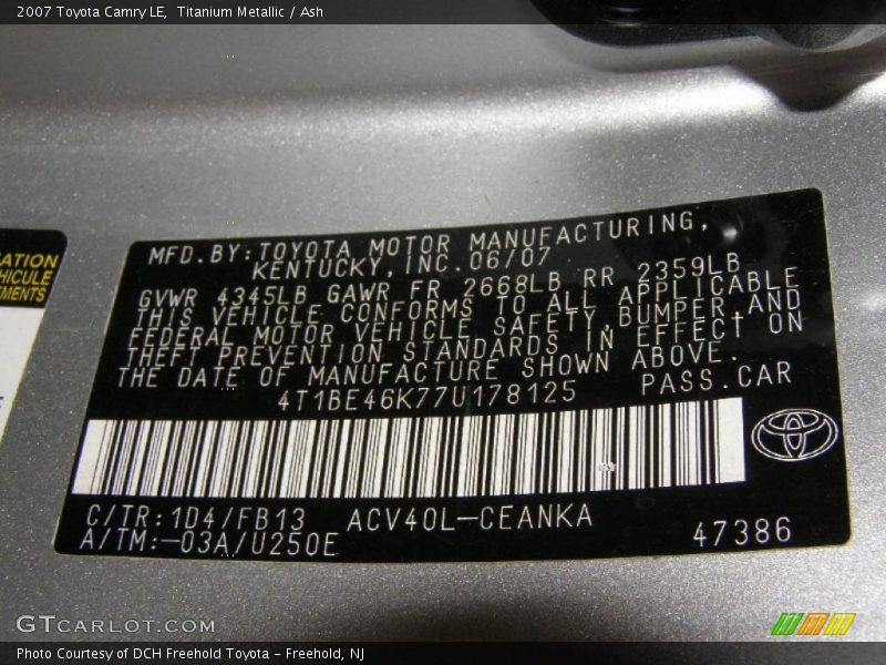 Titanium Metallic / Ash 2007 Toyota Camry LE