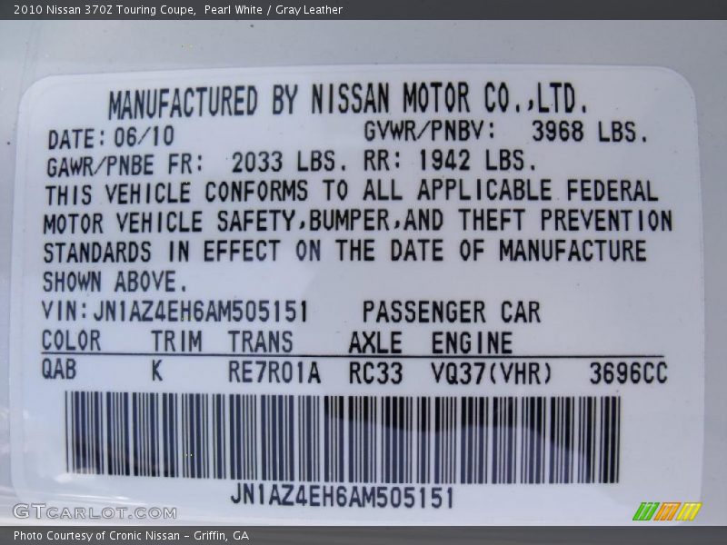 Pearl White / Gray Leather 2010 Nissan 370Z Touring Coupe