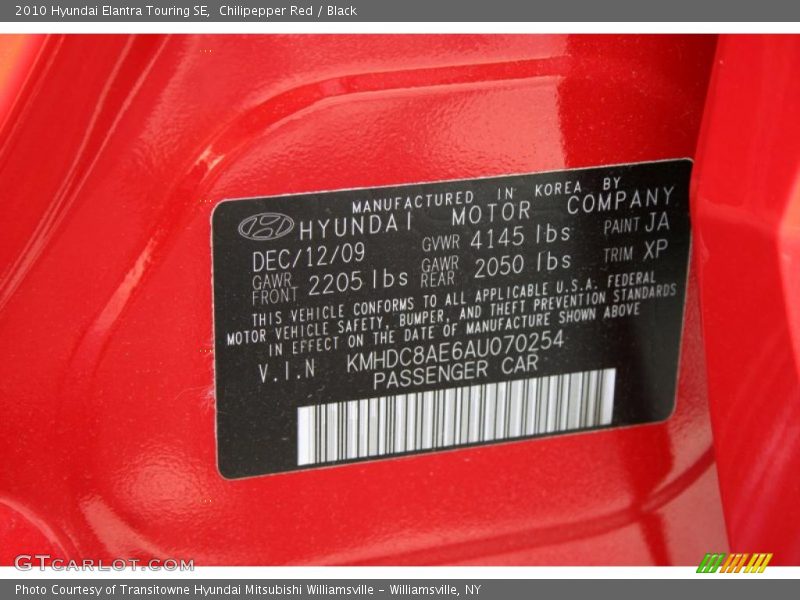 2010 Elantra Touring SE Chilipepper Red Color Code JA
