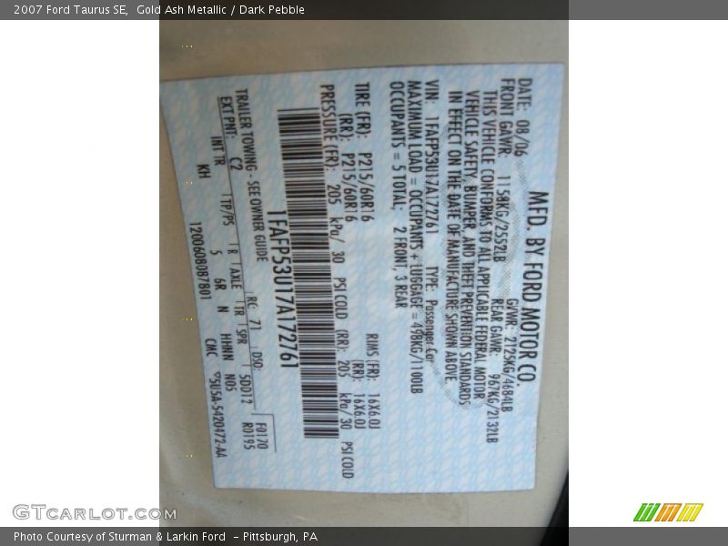 Gold Ash Metallic / Dark Pebble 2007 Ford Taurus SE