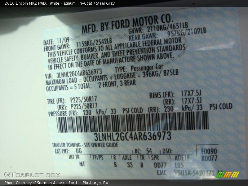 White Platinum Tri-Coat / Steel Gray 2010 Lincoln MKZ FWD