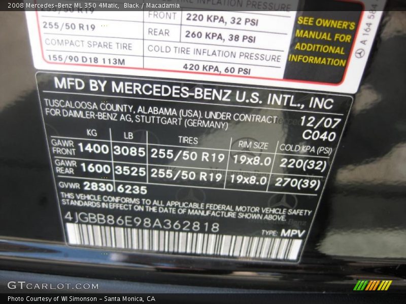Black / Macadamia 2008 Mercedes-Benz ML 350 4Matic