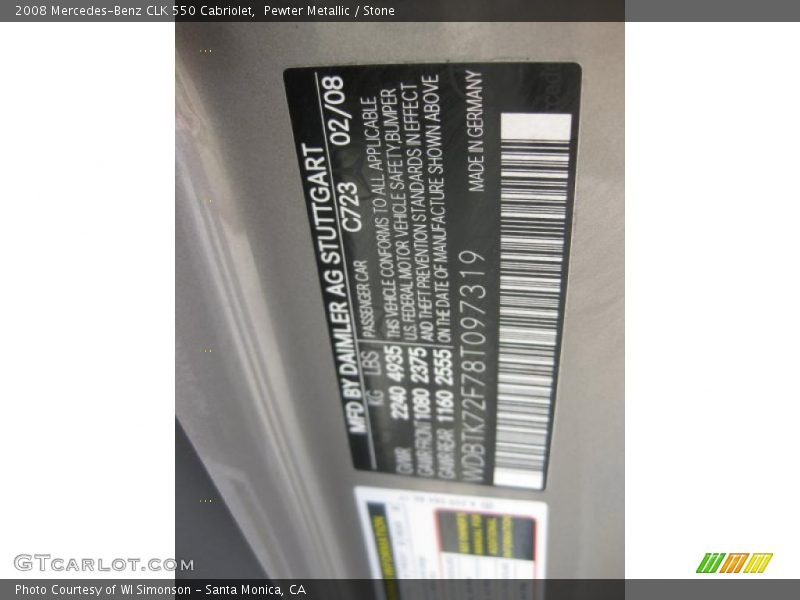 2008 CLK 550 Cabriolet Pewter Metallic Color Code 723