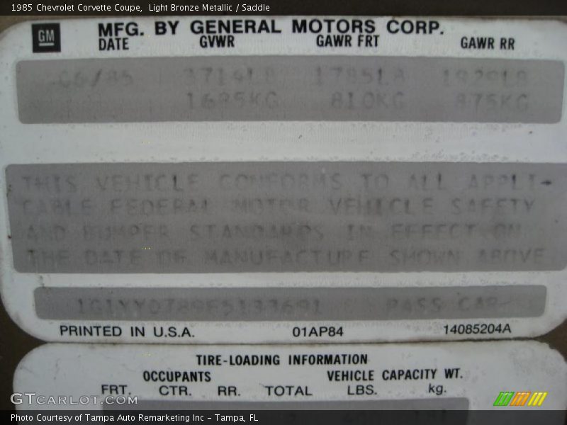 Light Bronze Metallic / Saddle 1985 Chevrolet Corvette Coupe