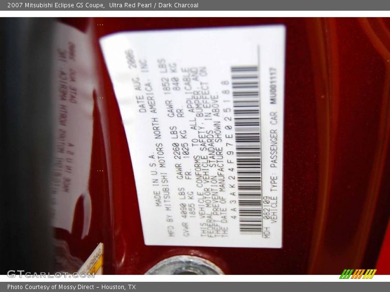Ultra Red Pearl / Dark Charcoal 2007 Mitsubishi Eclipse GS Coupe
