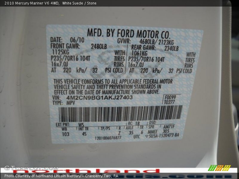 White Suede / Stone 2010 Mercury Mariner V6 4WD