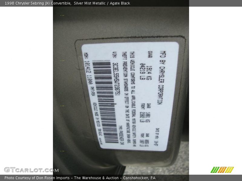 Silver Mist Metallic / Agate Black 1998 Chrysler Sebring JXi Convertible