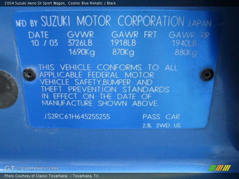 Cosmic Blue Metallic / Black 2004 Suzuki Aerio SX Sport Wagon
