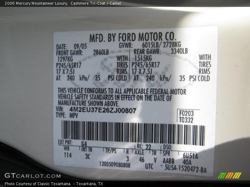 Cashmere Tri-Coat / Camel 2006 Mercury Mountaineer Luxury