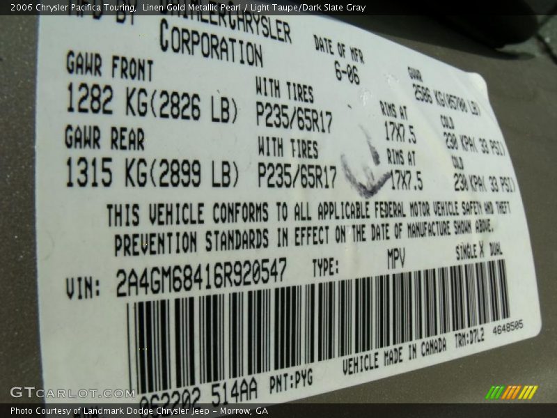 Linen Gold Metallic Pearl / Light Taupe/Dark Slate Gray 2006 Chrysler Pacifica Touring
