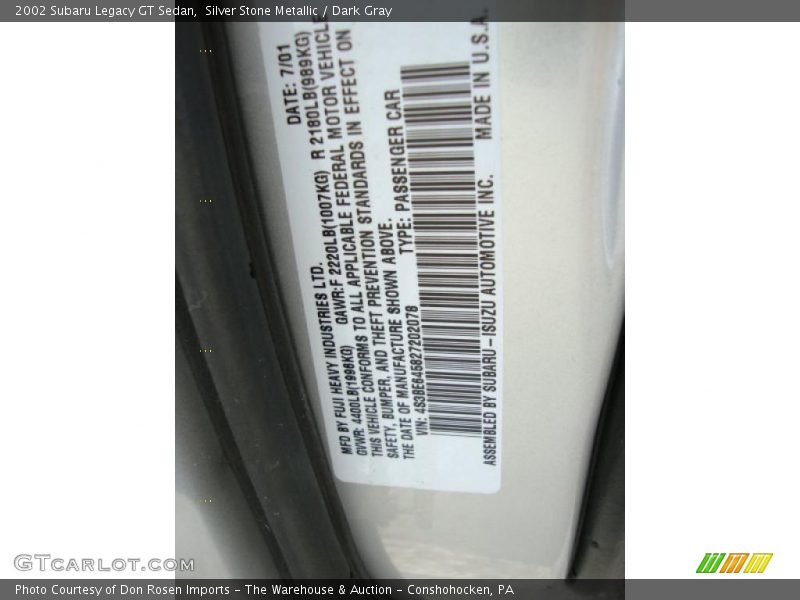 Silver Stone Metallic / Dark Gray 2002 Subaru Legacy GT Sedan