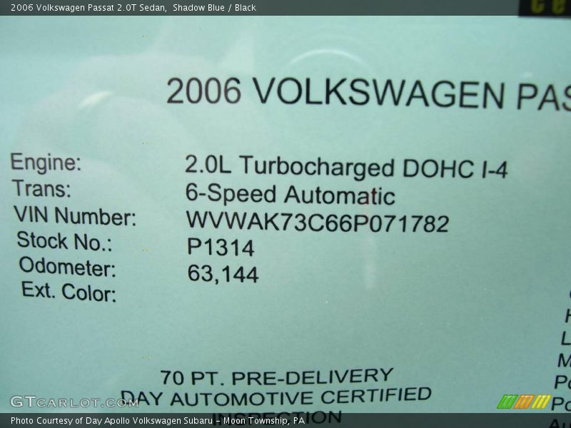 Shadow Blue / Black 2006 Volkswagen Passat 2.0T Sedan