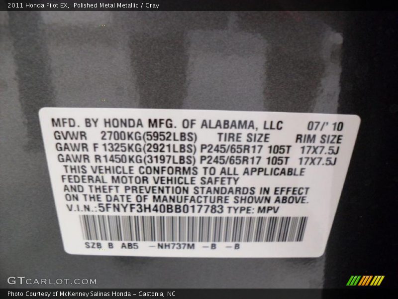 Polished Metal Metallic / Gray 2011 Honda Pilot EX