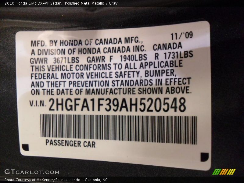 Polished Metal Metallic / Gray 2010 Honda Civic DX-VP Sedan