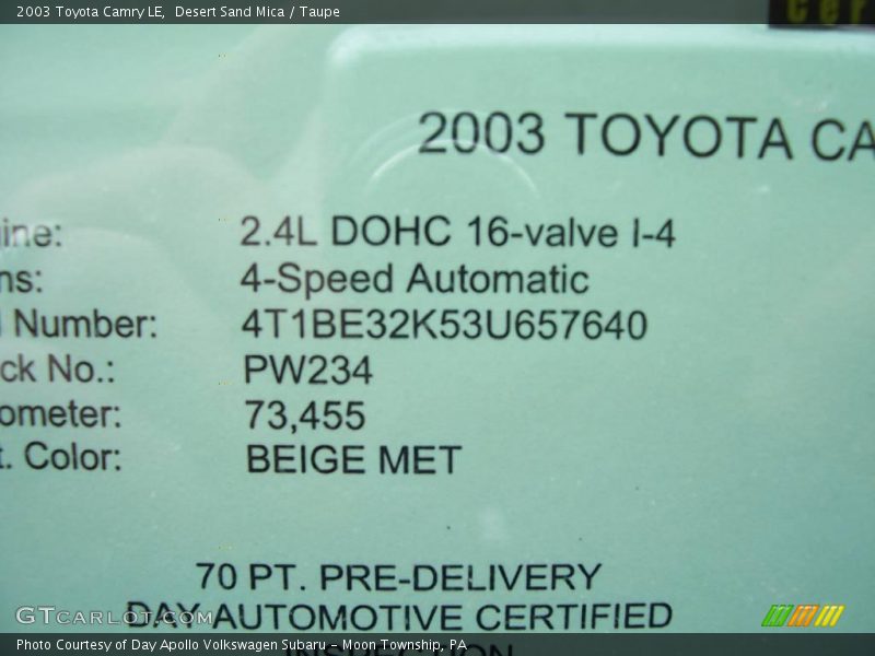 Desert Sand Mica / Taupe 2003 Toyota Camry LE