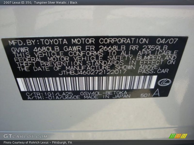 Tungsten Silver Metallic / Black 2007 Lexus ES 350
