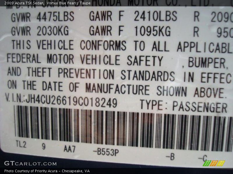 Vortex Blue Pearl / Taupe 2009 Acura TSX Sedan