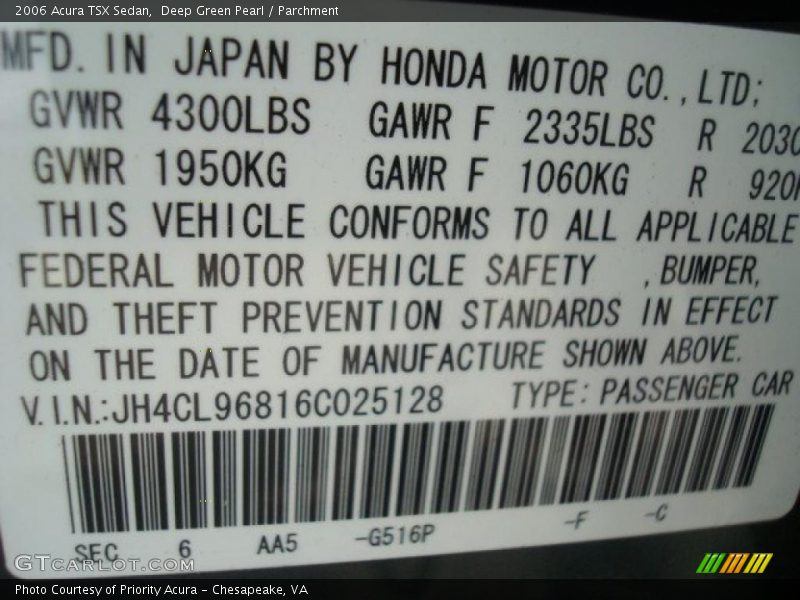 Deep Green Pearl / Parchment 2006 Acura TSX Sedan