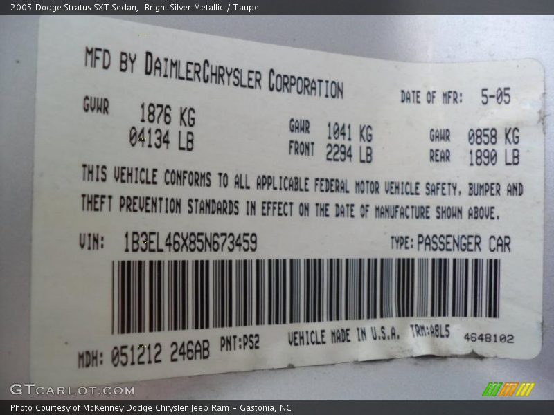 Bright Silver Metallic / Taupe 2005 Dodge Stratus SXT Sedan