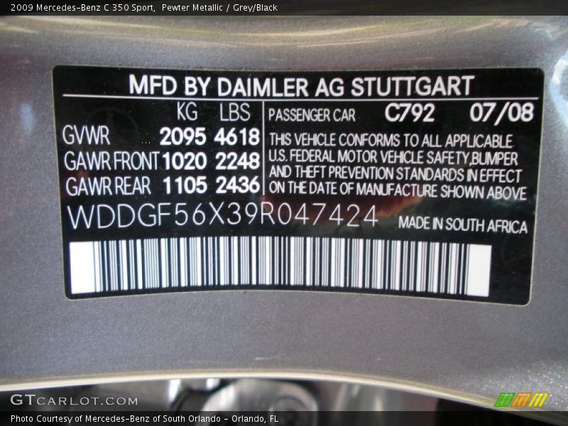 Pewter Metallic / Grey/Black 2009 Mercedes-Benz C 350 Sport