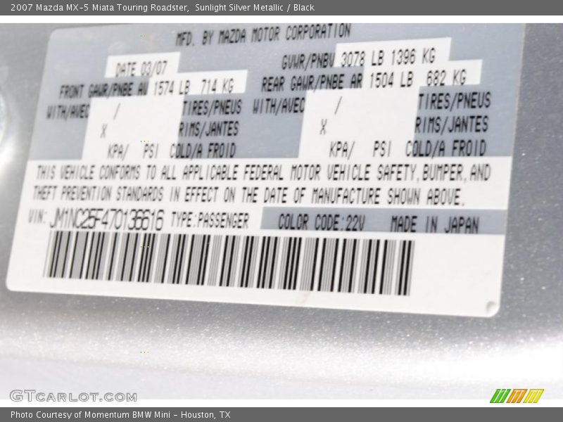 Sunlight Silver Metallic / Black 2007 Mazda MX-5 Miata Touring Roadster