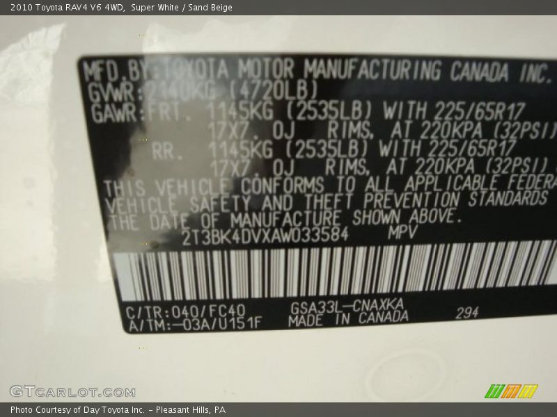Super White / Sand Beige 2010 Toyota RAV4 V6 4WD