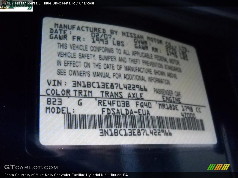 Blue Onyx Metallic / Charcoal 2007 Nissan Versa S