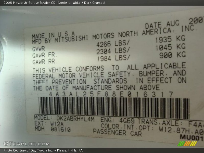 Northstar White / Dark Charcoal 2008 Mitsubishi Eclipse Spyder GS