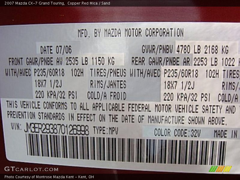 Copper Red Mica / Sand 2007 Mazda CX-7 Grand Touring