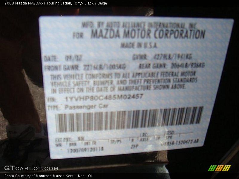 Onyx Black / Beige 2008 Mazda MAZDA6 i Touring Sedan