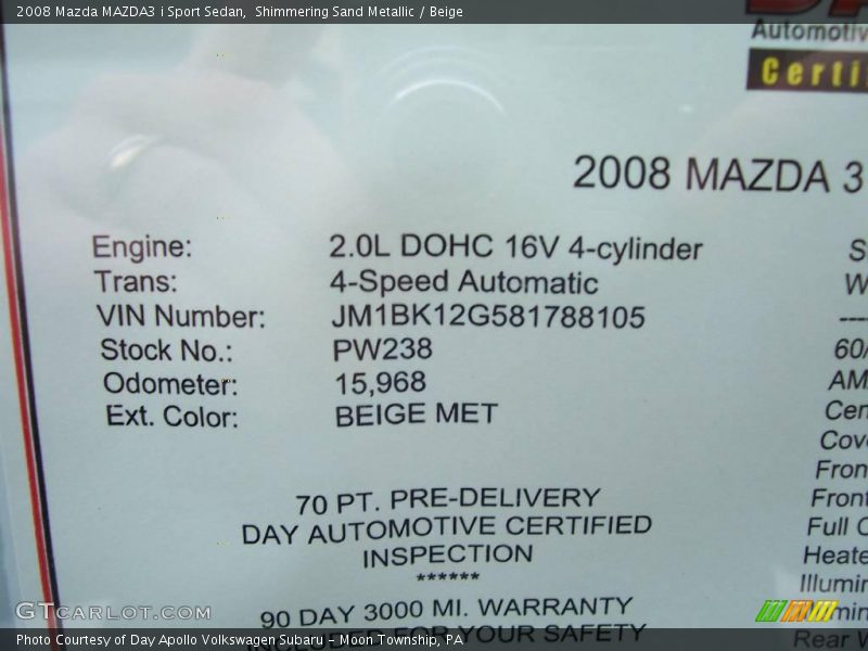 Shimmering Sand Metallic / Beige 2008 Mazda MAZDA3 i Sport Sedan