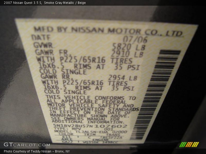 Smoke Gray Metallic / Beige 2007 Nissan Quest 3.5 S