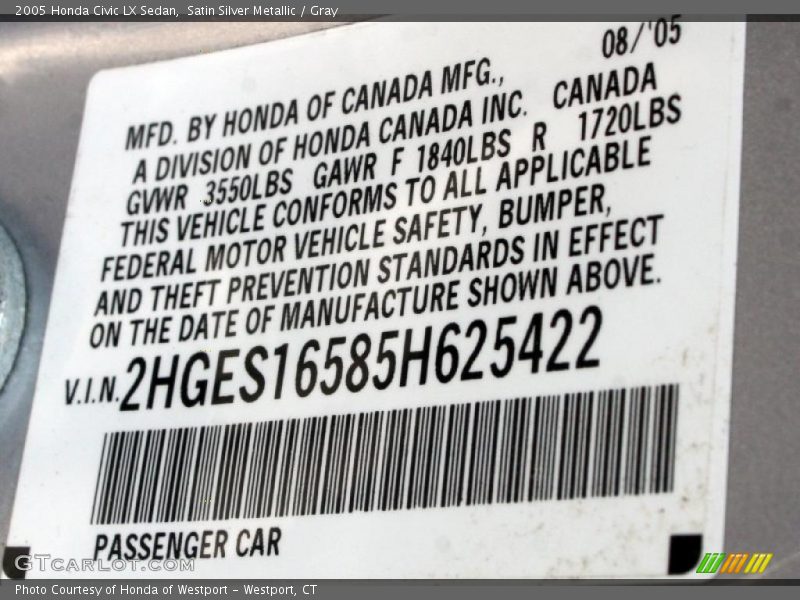 Satin Silver Metallic / Gray 2005 Honda Civic LX Sedan