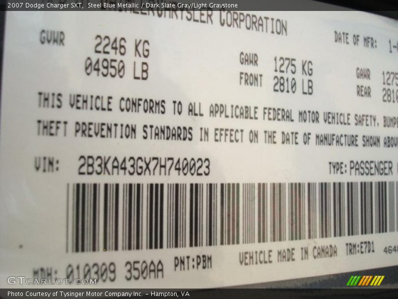 Steel Blue Metallic / Dark Slate Gray/Light Graystone 2007 Dodge Charger SXT