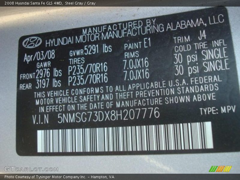 Steel Gray / Gray 2008 Hyundai Santa Fe GLS 4WD