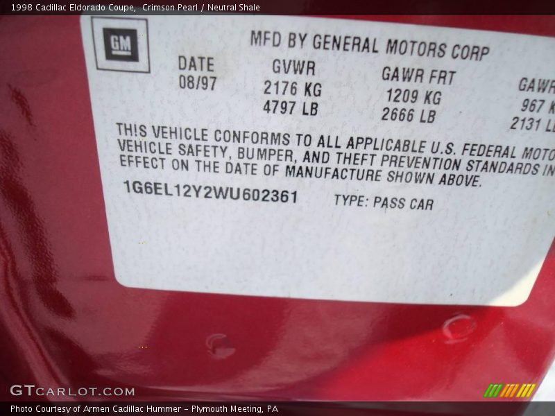 Crimson Pearl / Neutral Shale 1998 Cadillac Eldorado Coupe