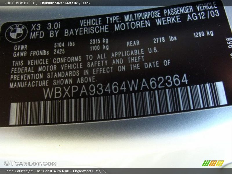 Titanium Silver Metallic / Black 2004 BMW X3 3.0i