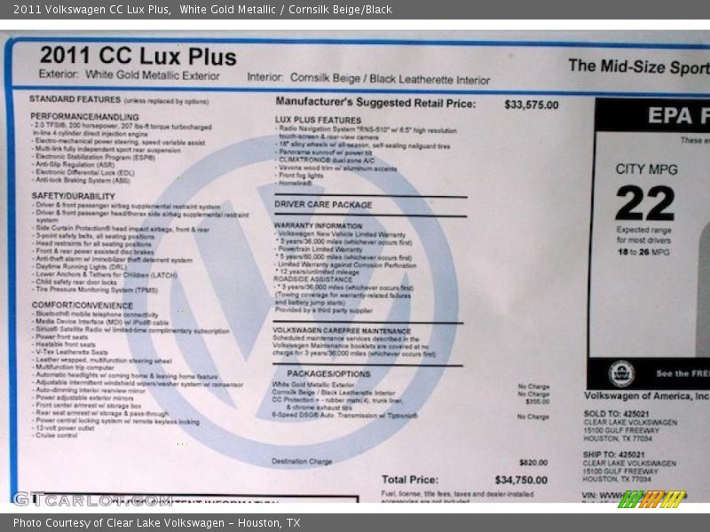 White Gold Metallic / Cornsilk Beige/Black 2011 Volkswagen CC Lux Plus