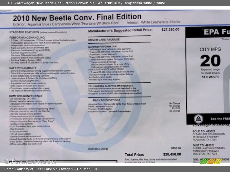 Aquarius Blue/Campanella White / White 2010 Volkswagen New Beetle Final Edition Convertible