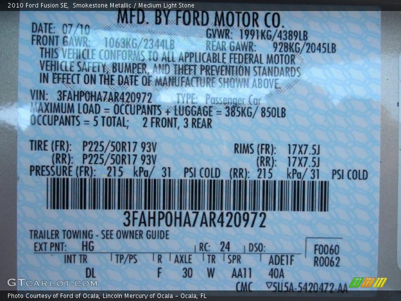 Smokestone Metallic / Medium Light Stone 2010 Ford Fusion SE