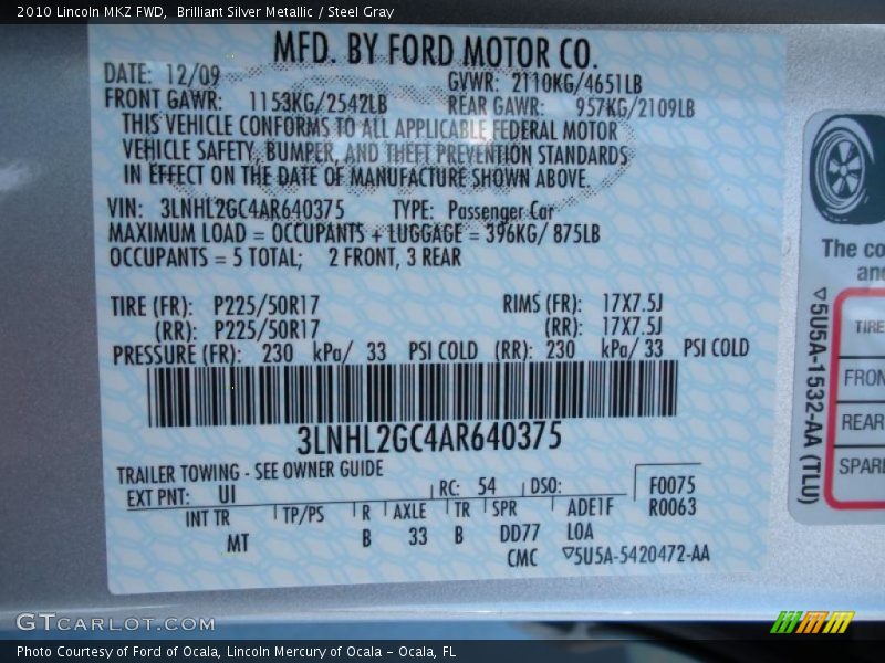 Brilliant Silver Metallic / Steel Gray 2010 Lincoln MKZ FWD