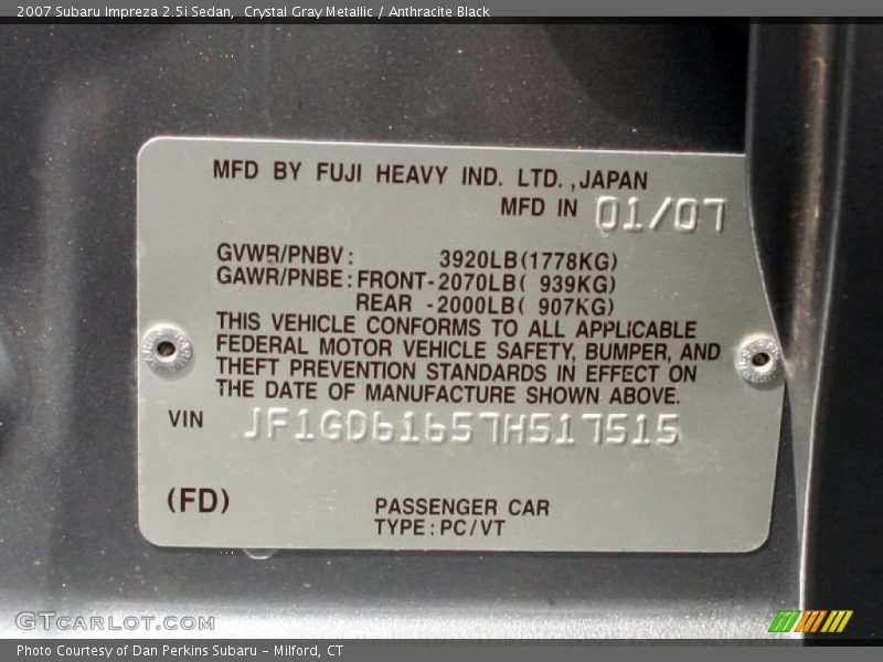 Crystal Gray Metallic / Anthracite Black 2007 Subaru Impreza 2.5i Sedan