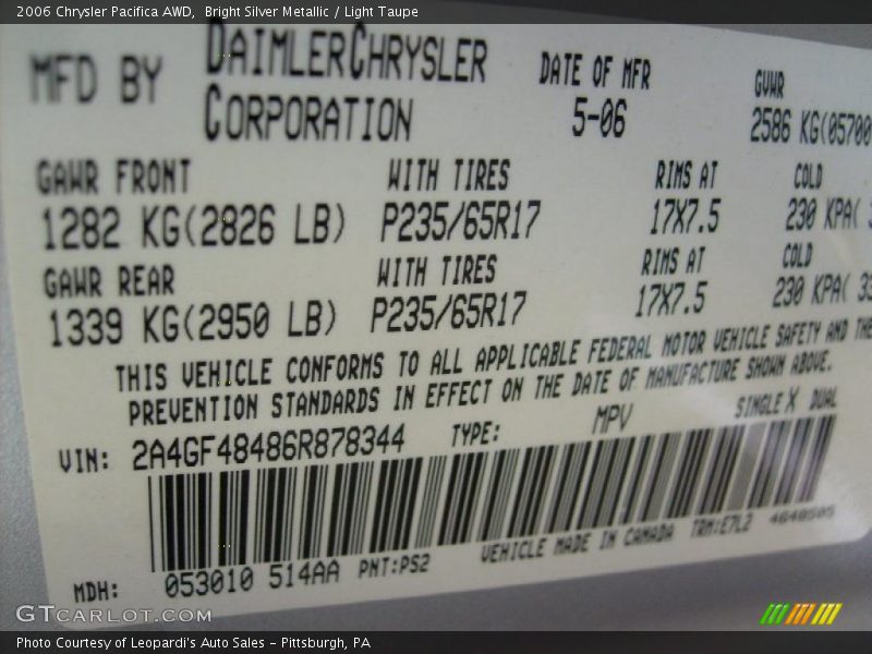 Bright Silver Metallic / Light Taupe 2006 Chrysler Pacifica AWD