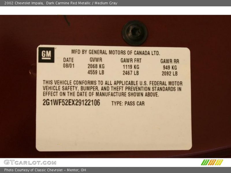 Dark Carmine Red Metallic / Medium Gray 2002 Chevrolet Impala