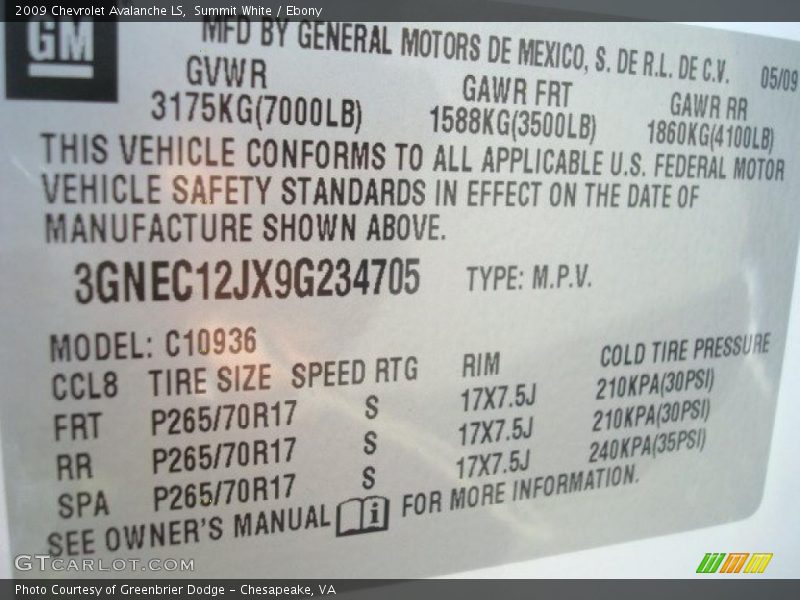 Summit White / Ebony 2009 Chevrolet Avalanche LS