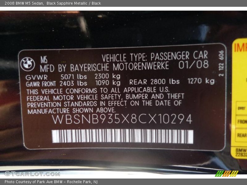 Black Sapphire Metallic / Black 2008 BMW M5 Sedan