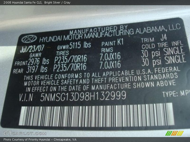 Bright Silver / Gray 2008 Hyundai Santa Fe GLS