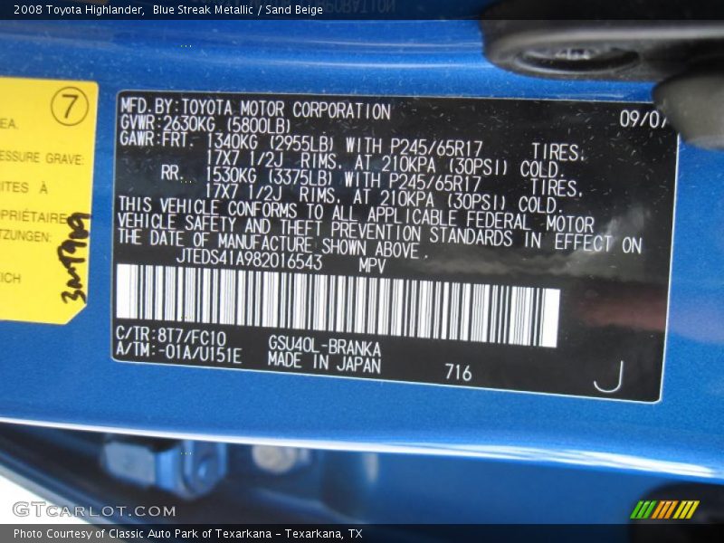 Blue Streak Metallic / Sand Beige 2008 Toyota Highlander